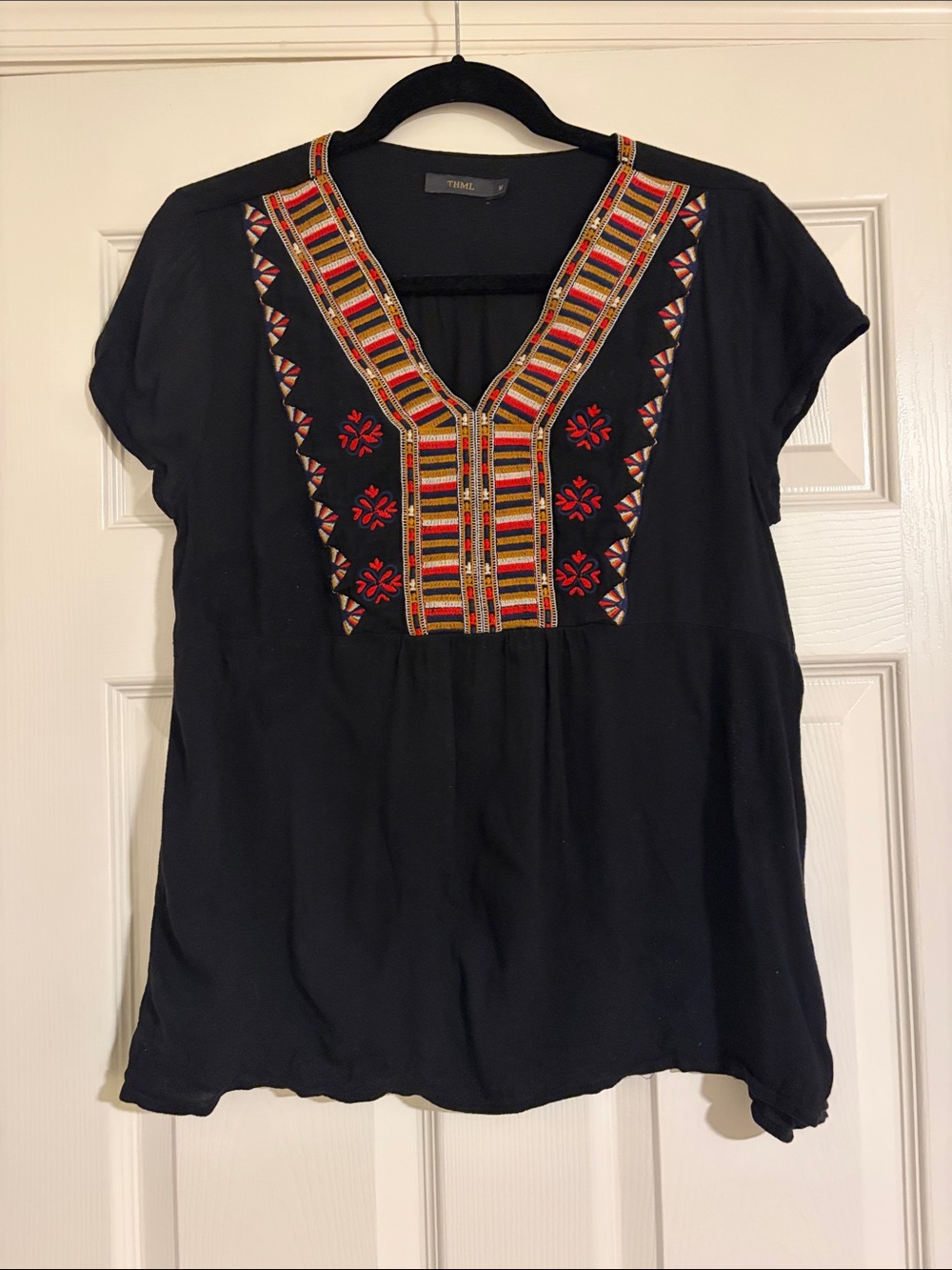 THML Black V-Neck Blouse with Red & Multicolor Geometric Embroidery